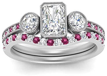 55Carat Ensemble de bagues de mariée serties de Trois Pierres Argent Sterling Saphir Rose créé Radiant façonner Ensembles d'anneaux de Mariage Paver Réglage Taille 57