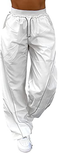 Generic Cargohose Damen Y2K Baggy High Waist Breites Bein Vintage Oversized Cargo Hose 90er Freizeithose Harajuku Streetwear Casual Lose Elastische Taille mit Taschen Lang Hippie Jogginghose, S, Weiß