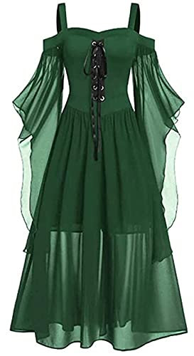 FeMereina Women's Gothic Punk Dress with Cold Shoulder & Butterfly Sleeve - Lace Up Gothic Halloween Party Dress (Green, Large)