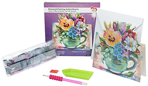 Ideen mit Herz Diamond-Painting-Aufstellkarte | 370 g/m² | 16,3 cm x 16 cm | inkl. Briefumschlag & Werkzeug (Tasse mit Blumenstrauß)