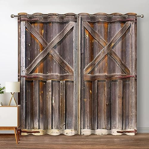 HYFBH Rustikale Holz-Verdunkelungsvorhänge mit 2 Paneelen, Vintage-Stil, Scheunentür, Bauernhaus, Zuhause, Schlafzimmer, Wohnzimmer, Dekor, Ösen, Fenstervorhänge BxH/2x70x180cm Vorhang Blickdicht