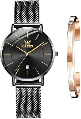 OLEVS Damen-Armbanduhr, luxuriös, rotgold, schmal, dünn, leicht, Edelstahl, Netz-Uhren, modisch, wasserdicht, verstellbares Armband, G5869-schwarz, Armband 5869