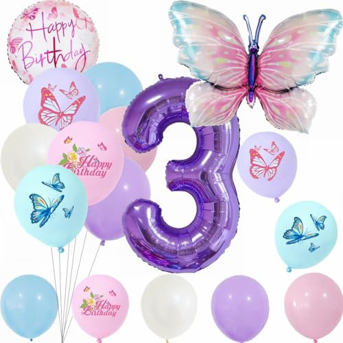 Yunchu Online 3. Geburtstagsdeko Mädche Lila Schmetterling Geburtstag Deko 3.Schmetterling Geburtstag Party Set Kindergeburtstag Party Deko für Mädchen Geburtstags Schmetterlinge Party Deko