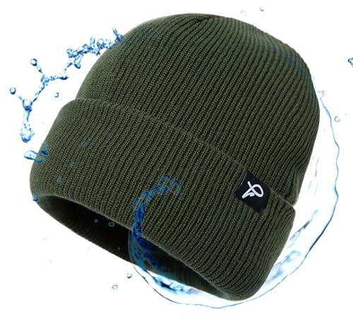 TOP-EX Herren & Damen Wintermütze Wasserdicht und Fleece-gefüttert - Atmungsaktive Beanie Strickmütze für Outdoor, Laufen & Ski - Winddichter Regenschutz Grün S/M