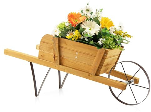 HOMASIS Carriola in Legno per Piante, Fioriera da Esterno con Ruota e 9 Accessori Magnetici Decorativi, Carriola Decorativa da Giardino, Esterno, Balcone, Portata di 5kg, 69,5 x 26 x 29,5 cm (Marrone)