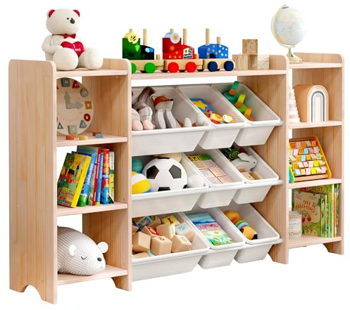 MallBest 4-stöckiges Kinderspielzeug-Aufbewahrungsregal – 100 % Massivholz, extra breiter Kinderschrank mit 9 Kunststoffbehältern und 6 Aufbewahrungsanschlüssen