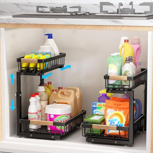 Rangement sous Évier Cuisine Lot de 2, Acier Inoxydable Rangement et Organisation de Cuisine avec 2 Tiroir Coulissant, Hauteur réglable Meuble Étagère de Rangement Placard Organisateur