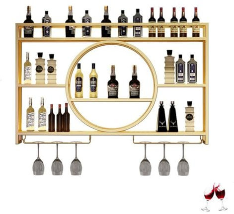 Metal Wine Glass Holder Stand Wall Mounted Liquor Cabinet Storage Rack - Floating Bar Shelves for Liquor and Glassware Organizing
