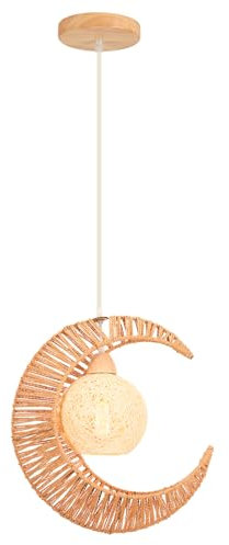 LIGKIN Suspension Luminaire en Rotin Lustre de Lune E27 Abat-jour en Corde Lampe Suspendue Vintage Luminaire Plafonnier Lampe de Plafond pour Chambre, Salon, Cuisine, Café