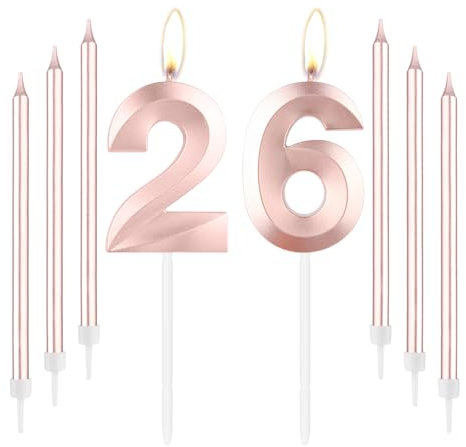 mciskin Rose Gold 26 Birthday Candles-Number 26 Candle for Cake with Long Thin Candles Set, Rose Gold Cake Topper for Girl 26th Birthday Decorations Supplies,26th Wedding Anniversary Decorations