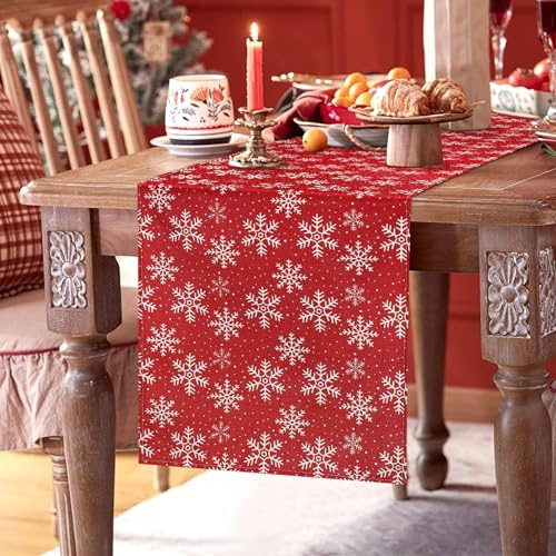 Weihnachtsläufer für Tische Schnee Schneeflocken Saisonal Winter Weihnachten Feiertage Weißes Leinen Küche Tisch für Drinnen und Draußen Urlaub Party Dekor 40 x 140 cm