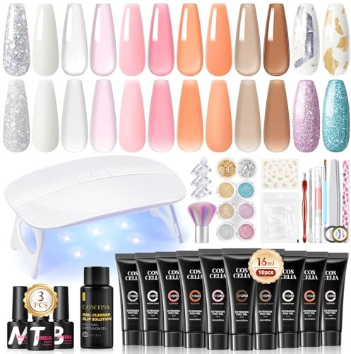 COSCELIA Kit Ongle Gel UV Complet 86PCS,Poly Extension Gel Kit 10 Couleurs 16ML avec Lampe Base Top Coat Faux Ongles et 6pc Acrygel Ongle Acrylique Poudre Pailleté Manucures Kit pour Débutants