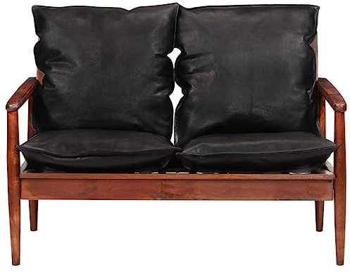 HETFTJN Recamiere Sofas Wohnzimmer Couch Lounge Sofa - 2-Sitzer-Sofa Schwarz Echtleder und Massivholz Akazie für Relaxationsraum Hotelzimmer Sitzzimmer Büro