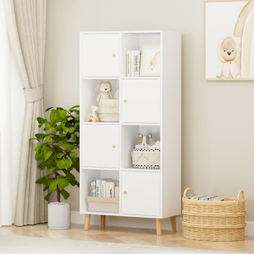 Lvhcmfohm Bibliothèque avec 8 Cubes, Meuble de Rangement, Bibliothèque Étagère Rangement avec 4 Portes (Blanc, 64.5x30x138cm)