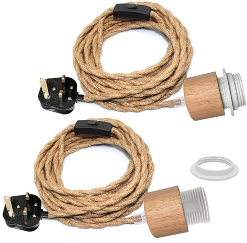 LQUNFYL 2 Pack Hemp Rope Plug in Pendant Light, 5M Cable E27 Lamp Holder with On/Off Switch, Plug in Ceiling Lighting Fitting, Rope Pendant Light Fitting, Hanging Light Cord for Indoor Creativity