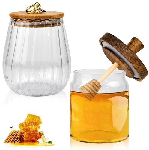 GZCZCC 2 PCS Pot de Miel avec Cuillere en Bois Distributeur de Miel 550ml/500ml Pot de Miel en Verre Pot de Miel Cadeau pour Conservation du Miel