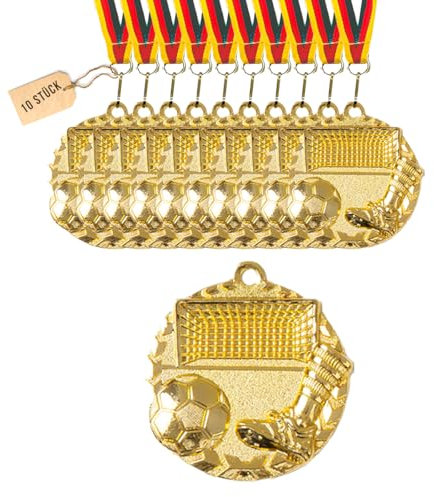 Carlso Goldmedaillen Set, 10 Stück, mit Dreifarbigem Band, 50mm Durchmesser, für Geburtstag Turnier, Mitgebsel, Fussballmedaille, Fussball Medaillen, Preis (FUSS2, 10)