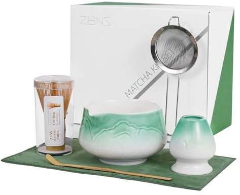 ZENS Matcha Tea Set with Bamboo Whisk, 6pcs Matcha Tea Ceremony Kit Includes Ceramic Bowl & (Chasen Holder), Whisk, Scoop, Sifter and Soft Towel for Matcha Latte, Making Usucha, Blue