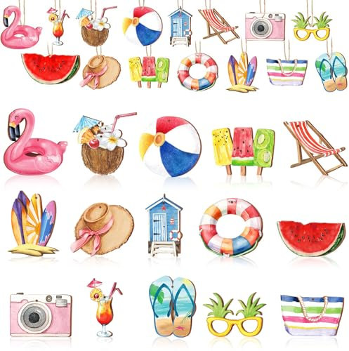 Baumschmuck Sommer 15 Stück Sommerlicher Strand Holzanhänger Hawaiianische Holz Hängende Sommer Hängedeko Holz für Hawaii Sommerparty Tropische Dekorationen
