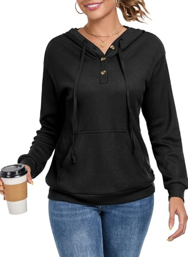 Chicrise Hoodies Damen V-Ausschnitt Knöpfe Kapuzenpulli Waffel Loose Mit Tasche Tunika Elegant Lässig Schwarz Groß 42-44