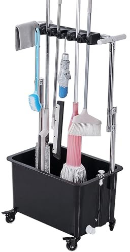 LIPJIA Mop Holder Broom Holder Mop Broom Holder Cleaning Supplies for Housekeeping Mop Bucket Garden Tool Organizer Rack Cleaning Cart on Wheels Broom