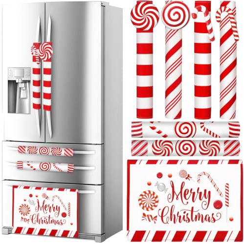 LemonRoad 7pcs 3D Christmas Candy Cane Refrigerator Handle Covers Kitchen Decorations Merry Christmas Cabinet Knob Microwave Oven Dishwasher Door Handle Covers Xmas Holiday Decor