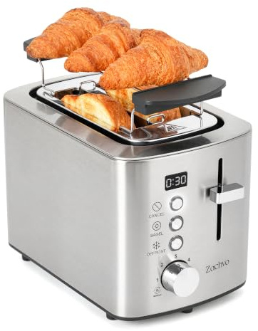 2 Slice Toaster, LED Countdown Timer, 6 Browning Setting - Bread Toasters with Warming Rack and Removable Crumb Tray,Defrost/Reheat/Cancel,1.1m Long Cord, Stainless Steel, Silver