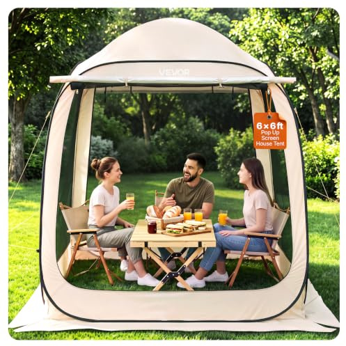 VEVOR Pop Up Screen House Tent, 6 x 6 ft, 4-6 Person Screen Gazebo with Extended Awning, Portable Screened in Canopy with Carry Bag, Netting Sides, for Patio, Backyard, and Outdoor Activities, Beige