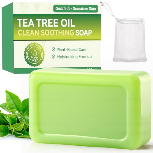 Tea Tree Soap, Natural Tea Tree Oil Soap Bar for Face Body Hand, Soothing Hydrating Bath Soaps with Foaming Net, Deep Cleansing for Oily & Sensitive Skin, Gentle Exfoliating Bar Soap for Men Women