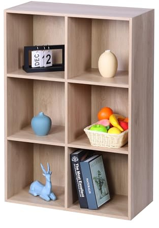 Relaxdays Bücherregal, HxBxT: 91 x 61 x 30 cm, 6 Fächer, Buchregal Würfel, offenes Standregal für Wohnzimmer, Eiche