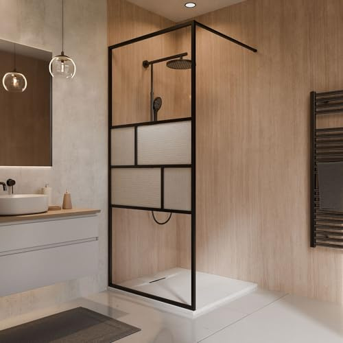 Schulte Walk In Dusche 90x200 cm Schwarz Matt – Duschwand ESG Glas 6 mm, geriffeltes Glas Carvella, vollgerahmt, Stabilisationsbügel inklusive – ALEXA STYLE 2.0