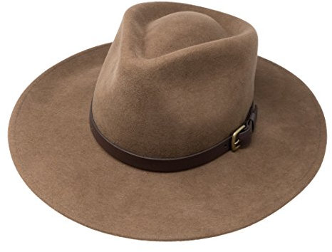 B&S Premium Lewis - Fedora Hut mit breiter Krempe - 100% Wollfilz - wasserfest - Lederband - 62cm Hellbraun