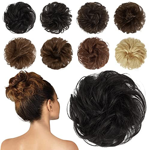 FESHFEN 100% Echthaar Haarteil Dutt Haargummi, Wellig Lockige Haarknoten Haargummi Haarverlängerungen Hochsteckfrisuren Echthaar Haarteil für Damen Mädchen Natürliches Schwarz