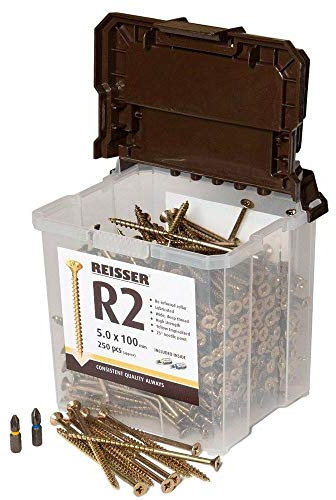 Reisser 9221460PB R2 Pozi Yellow Coated Woodscrew 700-Pieces in Tub with 2 PZD Bits, 4 mm Diameter x 60 mm Length