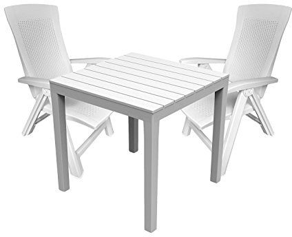 Mojawo Gartengarnitur - 3-teilig - Gartentisch Kunststoff 78x78cm H72cm - + 2 Klappstühle - Rattanoptik - Kunststoff Weiß - Bistro Set - Esstisch - Hochlehner