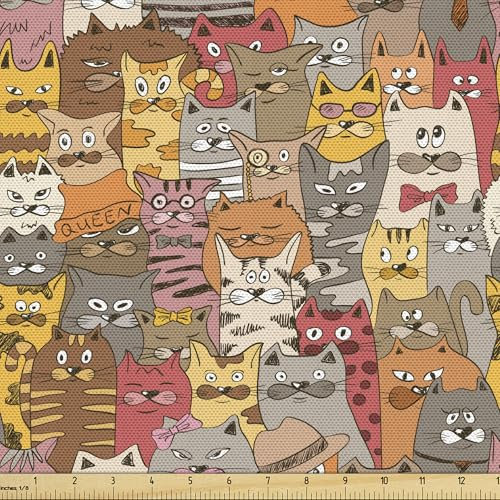 ABAKUHAUS Katze Stoff als Meterware, Psychedelische Comic-Maskottchen, Qualitäts Stoff Dekorativer Polster Heimtextilienstoff, 2M (148x200cm), Braun Gelb