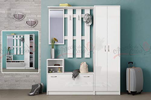 ARREDO DA CASA Mobile Ingresso Bianco Attaccapanni Entrata Moderno con Due Ante Specchio Cassettone E Due Ripiani IG8