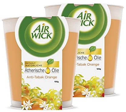 Air Wick Wohlfühl-Duftkerze im Glas Anti-Tabak – Duft: Orange – Enthält natürliche ätherische Öle – 2 x Duftkerze in Orange