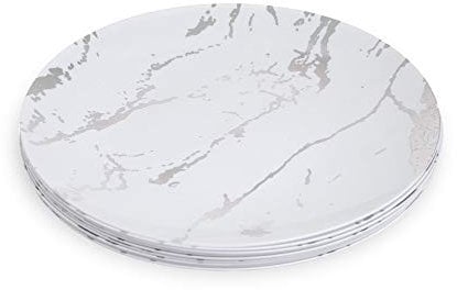 Confezione da 10 piatti piani in plastica dura bianca e argento ~ 22,9 cm design marmo robusto plastica stoviglie - ideale per matrimoni e feste.