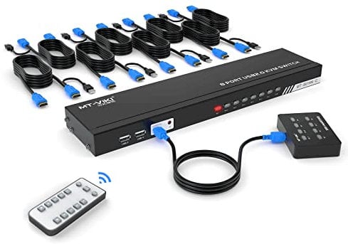 MT-VIKI KVM Switch HDMI 8 Port HDMI Konsole 8 in 1 Out mit IR Fernbedienung 8xKVM Kabel Desktop Selektor 4 USB-Port Auto Scan 2xRack-Satz 4K30Hz