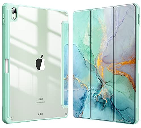 Fintie Hybrid Hülle für iPad Air 11 Zoll M3 2025/ M2 2024, iPad Air 5/4 Gen (2022/2020) 10,9 Zoll mit Stifthalter - Stoßfeste Schutzhülle mit transparenter Hartschale auf der Rückseite, Smaragd Marmor