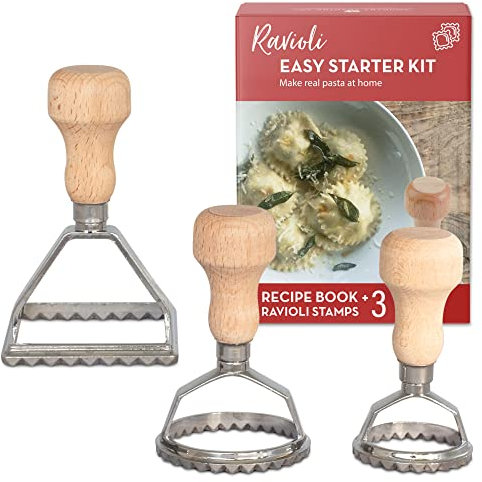 Einfaches Ravioli-Starterset | Geschenkset 3 Ravioliformen + Rezeptbuch | Pressanleitung für Ravioli und Tampergefüllte Nudeln wie Tortellini + Rezepte