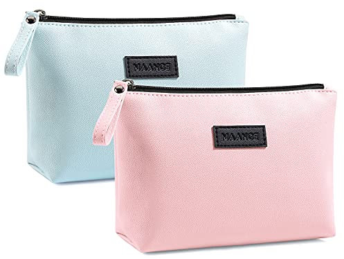Kleine Schminktasche MAANGE 2 Pcs Reise Kosmetiktasche Tragbare Make up Tasche wasserdichte PU Leder Kosmetiktasche für Geldbörse mit Griff Vielseitige Kosmetiktasche für Frauen (Rosa + Blau)
