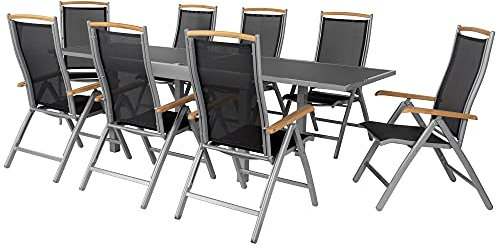 ib style® Diplomat Silber XXL Ausziehtisch 135-270 cm | Premium Gartentisch | Anti Fingerprint | Frozen Glas | Inkl. 8 Klappstühle