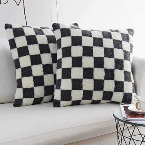 JOJUSIS Dekorative Wurfkissenbezüge, luxuriöser Stil, Schachbrettmuster, superweiches Kunstfell, Wolle, Kissenbezüge für Couch, Schlafzimmer, 2 Stück (grau, 45,7 x 45,7 cm)