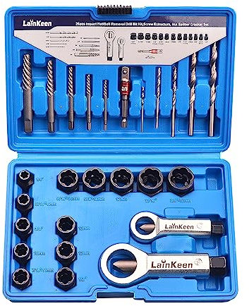 LainKeen 26-teiliges Bohrer-Set zum Entfernen von Schlagmuttern und Bolzen, Schraubenausdrehern, Mutternspalter-Set, Bolzenausdreher-Werkzeug-Set für beschädigte, verrostete Schrauben, Schrauben und