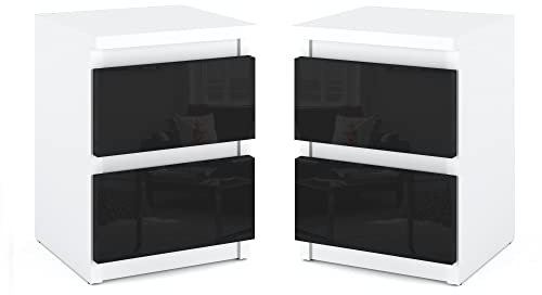 MRBLS Nachttisch 2er Set Nachtschrank Nachtkommode Modern Möbel mit Schubladen Kommode Holz Schubladenschrank für Ihr Schlafzimmer (Weiß Matt - Schwarz Glanz) – 30 x 40 x 30 cm (B/H/T)