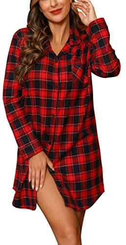 ENJOYNIGHT Chemise de nuit en flanelle pour femme - Manches longues - Boutonnière - Courte - S-XXL, Grille rouge., M