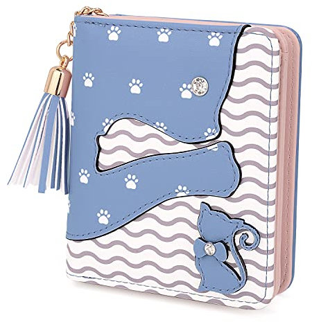 UTO Portefeuille pour Filles Mignon Chat Cuir Vegan Petite Femme Porte-Cartes Kawaii Porte-Monnaie avec Gland Bleu