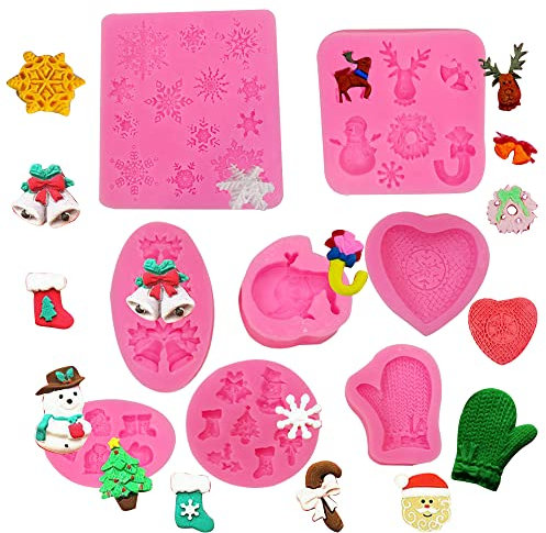 ZOOMPIL Weihnachts Fondant Formen, 8 Stück Silikonform Fondant, Form von Weihnachtsbäumen, Rentier, Schlitten, Socken und Glocken, Für Diy Machen Süßigkeiten, Kuchen Dekorieren Backenwerkzeuge